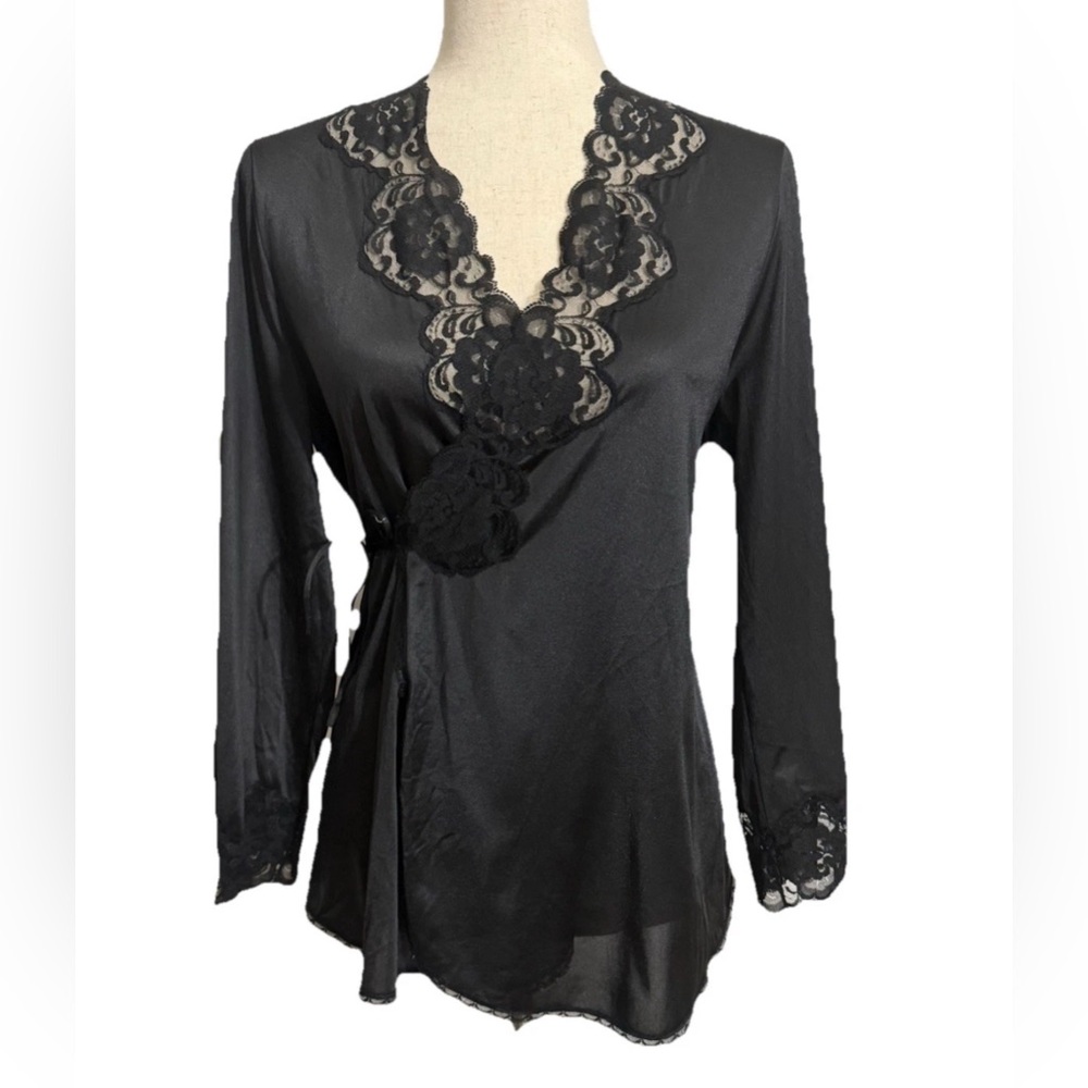 Jolie Two Vintage Black Lingerie Wrap Top Tie Top Size Small Floral Lace